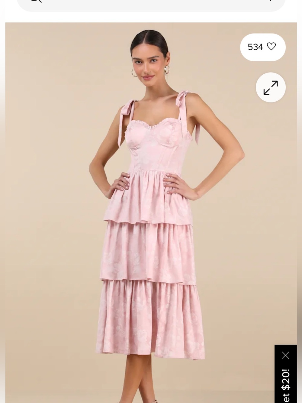 Lulu's Lovely Bliss Pink Floral Jacquard Tie-Shoulder Tiered Midi Dress